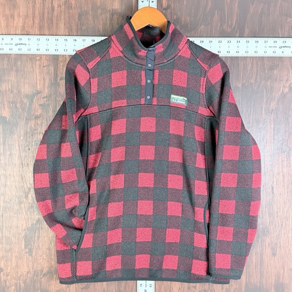 L.L. Bean Sweater‎ Fleece Pullover Jacket Red Black Buffalo Plaid Womens Medium
